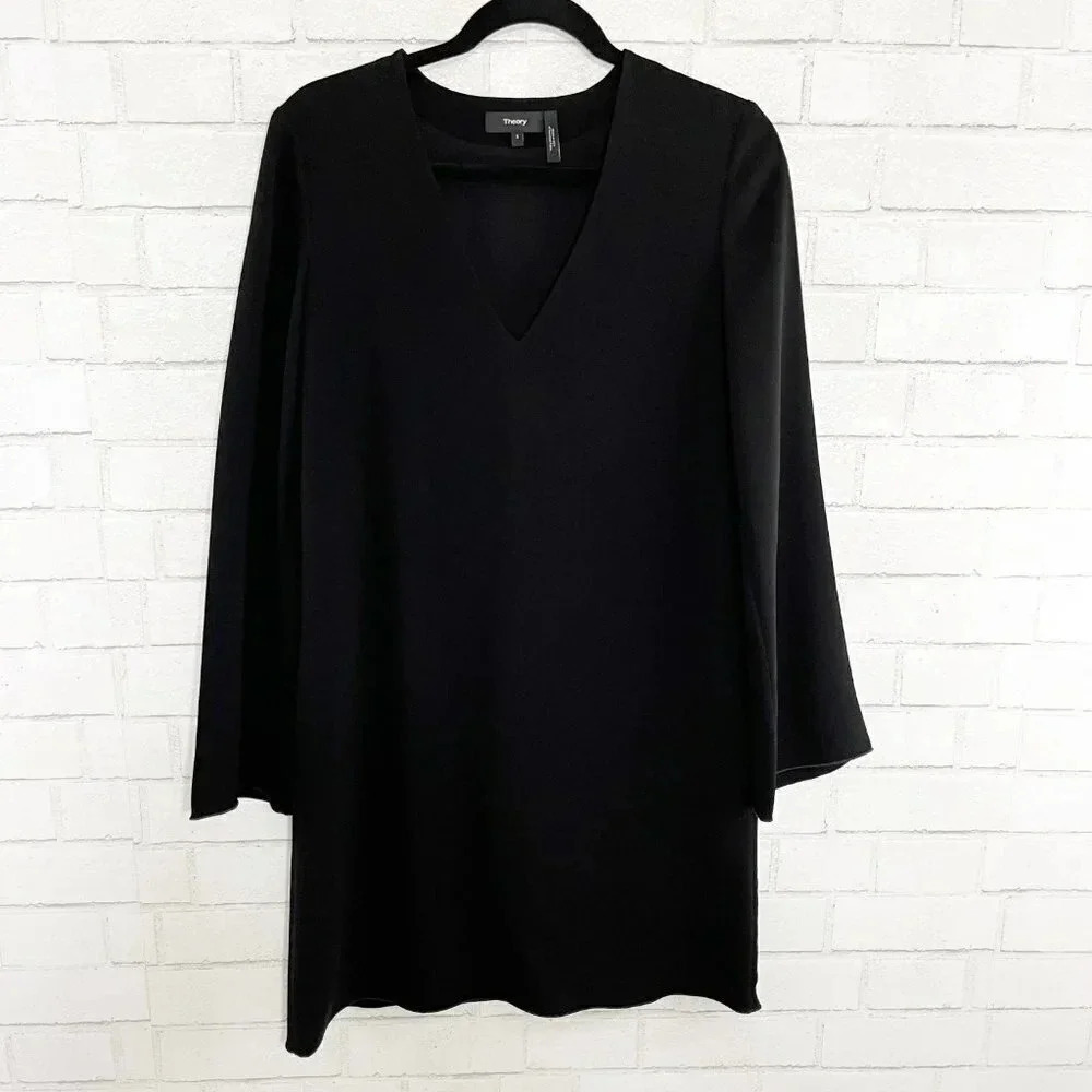 Theory Black Bell Sleeve V Neck Dress Women's Size Small